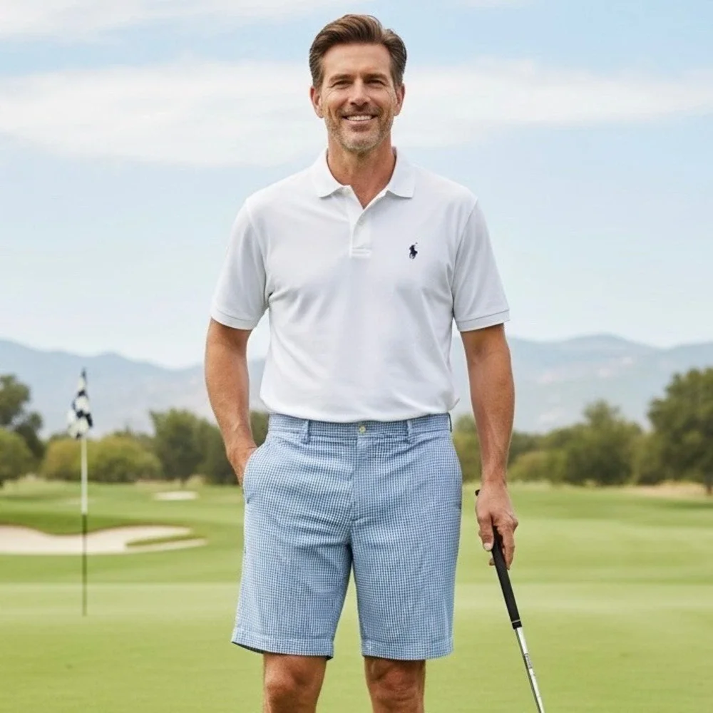 Polo Ralph Lauren Seersucker Shorts Men 42 Blue White Plaid Golf‎ Preppy Party